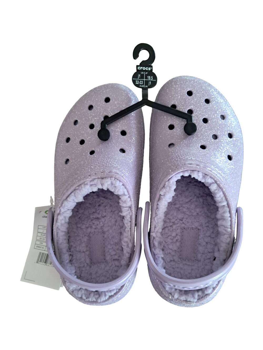 CROCS Lined Glitter Classic Kids Girls Clogs Size 1J Lavender NEW